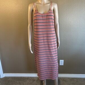 Pink Striped Ribbed Knit Midi Bodycon Dress Sleeveless Side Slit Scoop Back 2XL